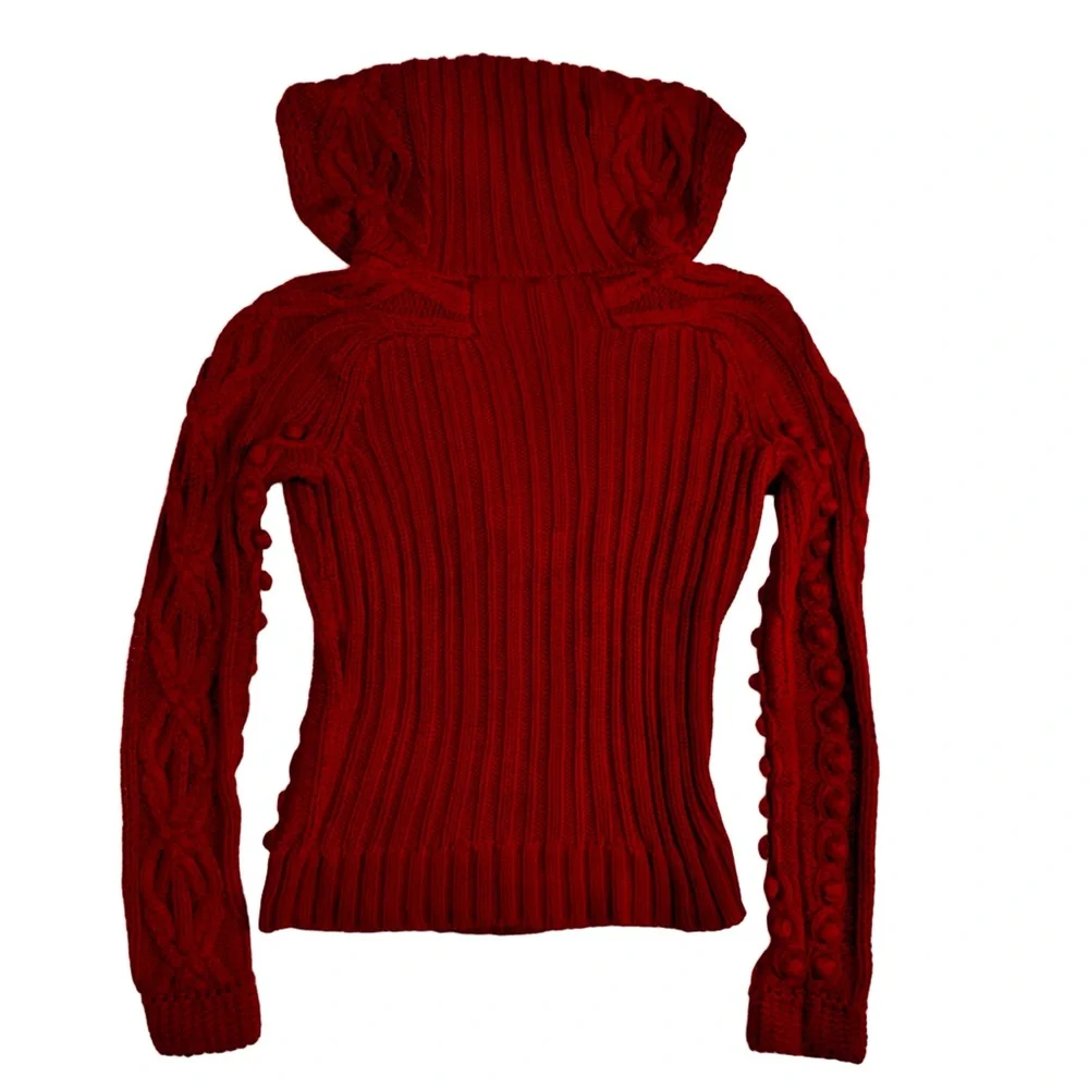 Moda International Red Cable Knit Hooded Sweater Small V Neck Pullover Vintage - Picture 4 of 8